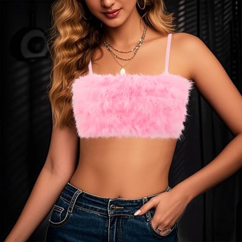 Vimoisa Women Faux Fur Tank Top Spaghetti Strap Crop Cami Top Tight Sleeveless Tube Top Vest(S) Pink - Image 4