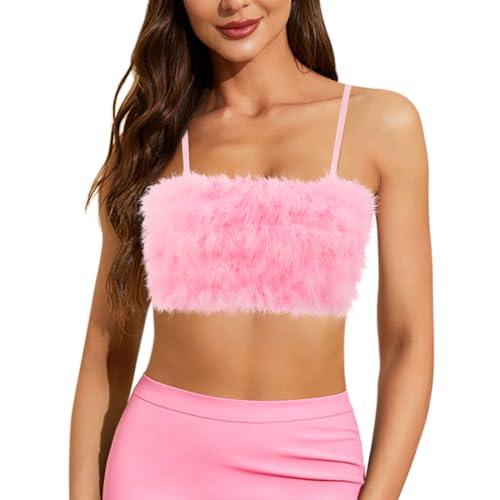 Vimoisa Women Faux Fur Tank Top Spaghetti Strap Crop Cami Top Tight Sleeveless Tube Top Vest(S) Pink - Image 1