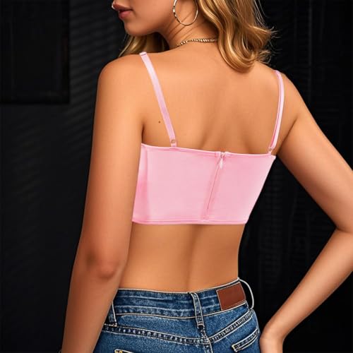 Vimoisa Women Faux Fur Tank Top Spaghetti Strap Crop Cami Top Tight Sleeveless Tube Top Vest(S) Pink - Image 5