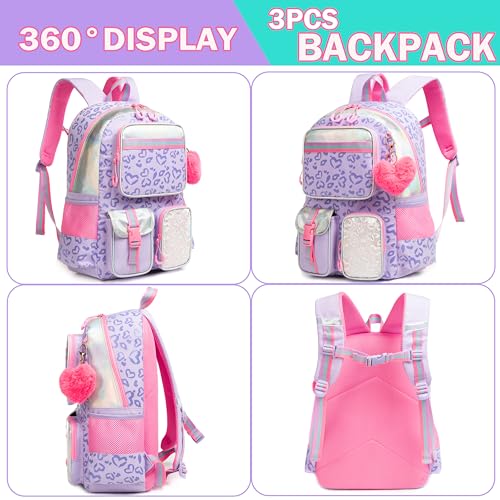Meetbelify Aesthetic Backpack with Lunch Box for Elementary Students - Cute School Bag for Girls 8-10 - Purple - Image 3