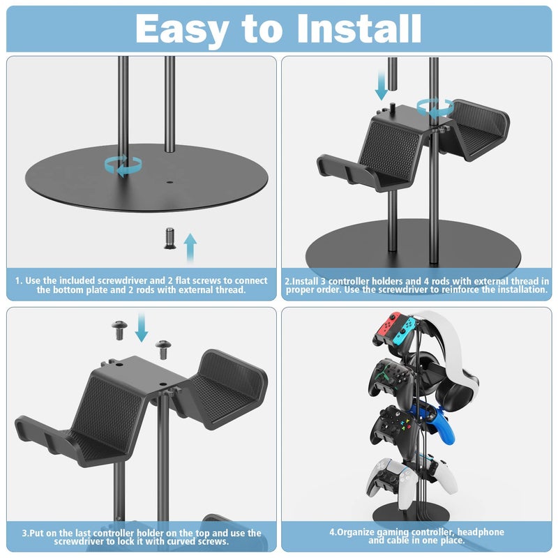 Kytok Headset Stand 4 Tiers with Cable Organizer for Desk, Controller Stand Compatible with PS5/Xbox/Nintendo Switch/PS Portal/PS4, Headset Holder & Controller Holder for 8 Packs Controller - Image 4
