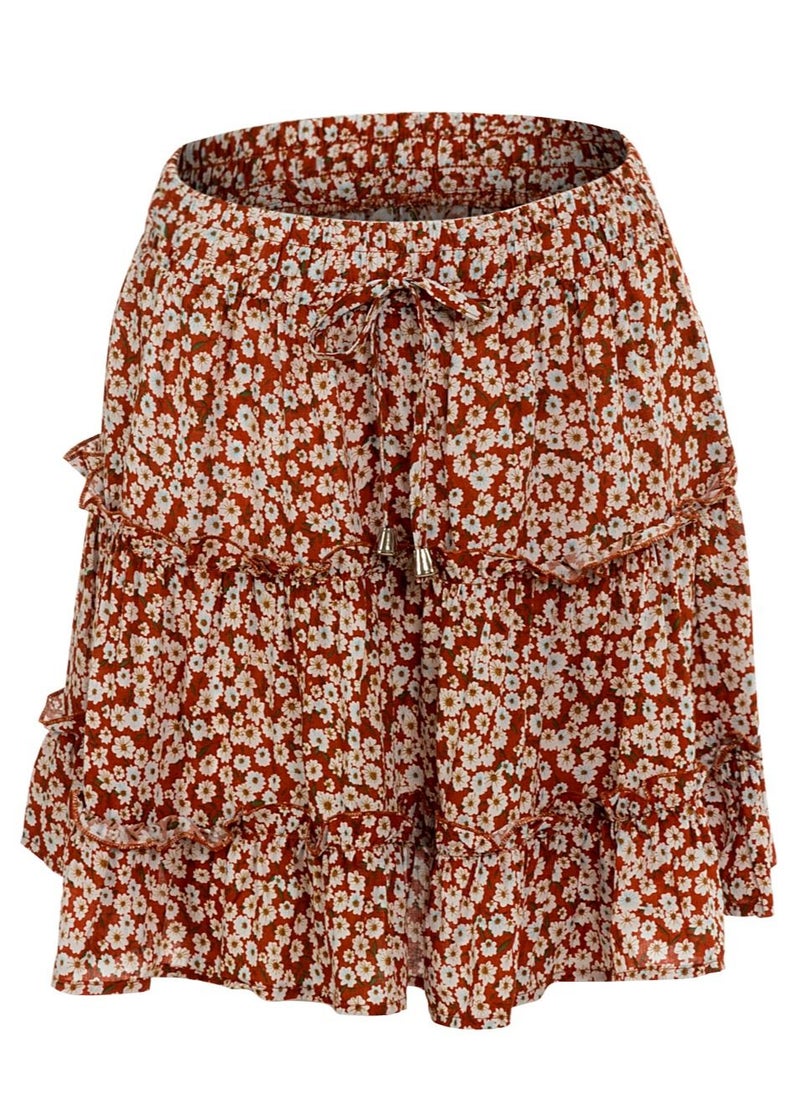 Loquat - Women's Summer Boho Floral Print Mini Skirt High Waist Drawstring Tiered Skirts Jujube Red - Image 1