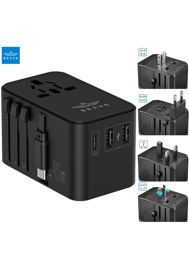 Brave Universal Travel Adapter, GaN III 45W Fast International Wall Charger with Built-in Retractable Type-C Cable, 2 USB-A Ports and 1 USB-C PD Port, Supports Fast Charging for iPhone, iPad, Samsung, MacBook, Tablets, Laptops, and More, Compatible with Type A, C, G, I Plugs (USA, UK, EU, AUS, UAE), Supports 200+ Countries  - Image 1