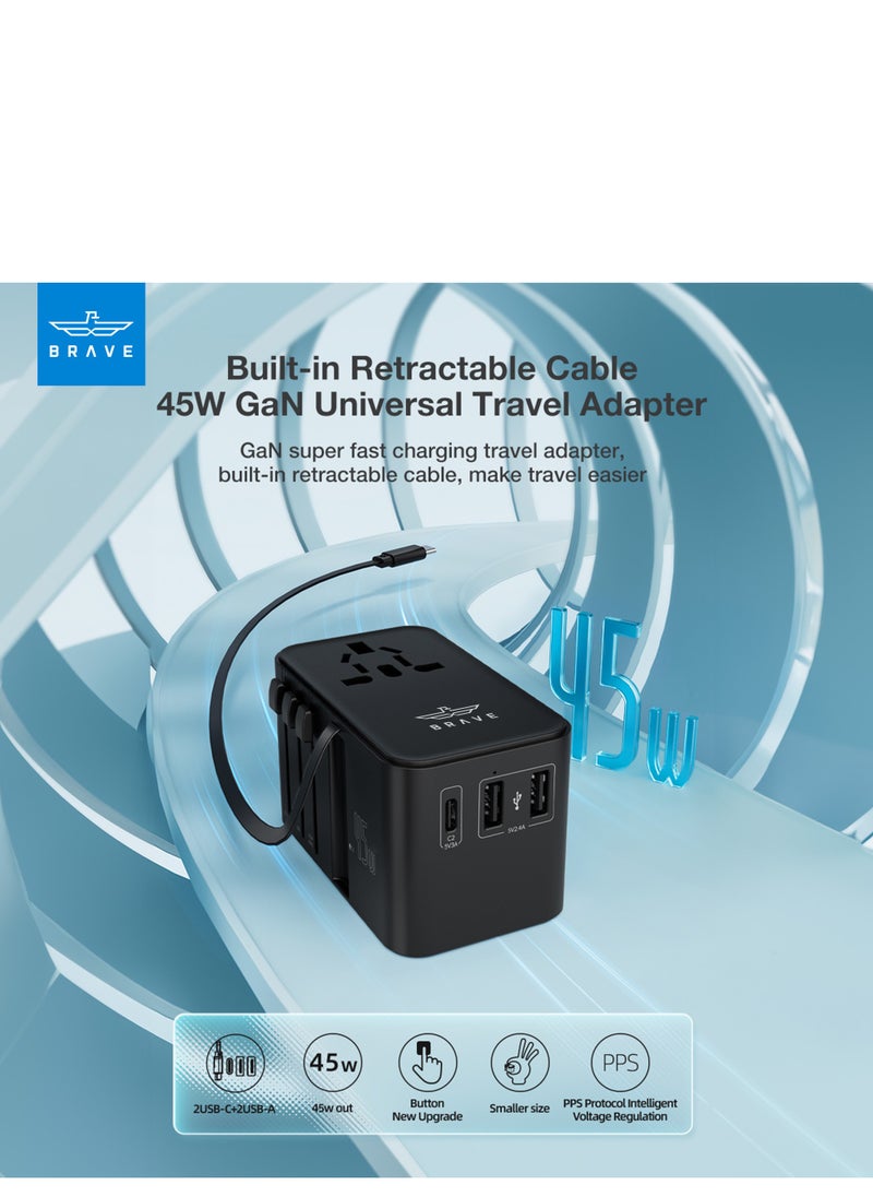 Brave Universal Travel Adapter, GaN III 45W Fast International Wall Charger with Built-in Retractable Type-C Cable, 2 USB-A Ports and 1 USB-C PD Port, Supports Fast Charging for iPhone, iPad, Samsung, MacBook, Tablets, Laptops, and More, Compatible with Type A, C, G, I Plugs (USA, UK, EU, AUS, UAE), Supports 200+ Countries  - Image 2