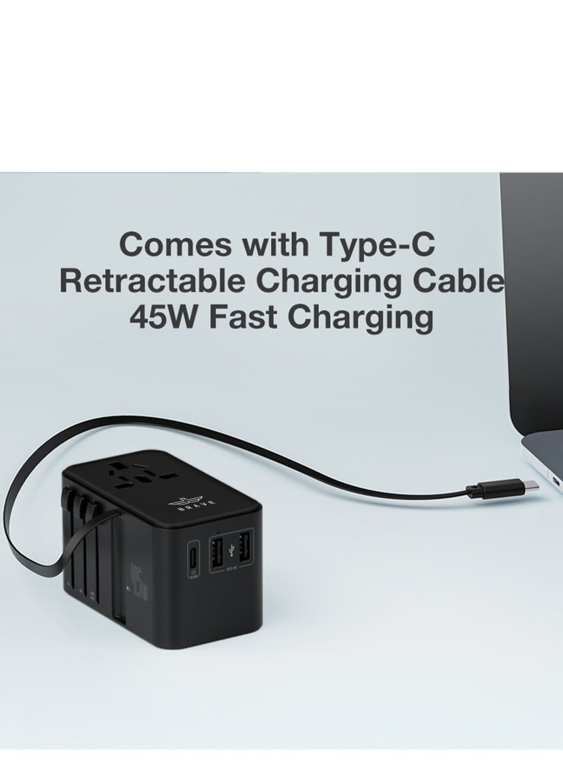 Brave Universal Travel Adapter, GaN III 45W Fast International Wall Charger with Built-in Retractable Type-C Cable, 2 USB-A Ports and 1 USB-C PD Port, Supports Fast Charging for iPhone, iPad, Samsung, MacBook, Tablets, Laptops, and More, Compatible with Type A, C, G, I Plugs (USA, UK, EU, AUS, UAE), Supports 200+ Countries  - Image 4