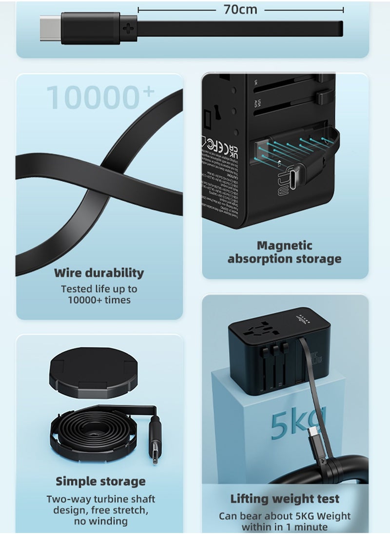 Brave Universal Travel Adapter, GaN III 45W Fast International Wall Charger with Built-in Retractable Type-C Cable, 2 USB-A Ports and 1 USB-C PD Port, Supports Fast Charging for iPhone, iPad, Samsung, MacBook, Tablets, Laptops, and More, Compatible with Type A, C, G, I Plugs (USA, UK, EU, AUS, UAE), Supports 200+ Countries  - Image 5