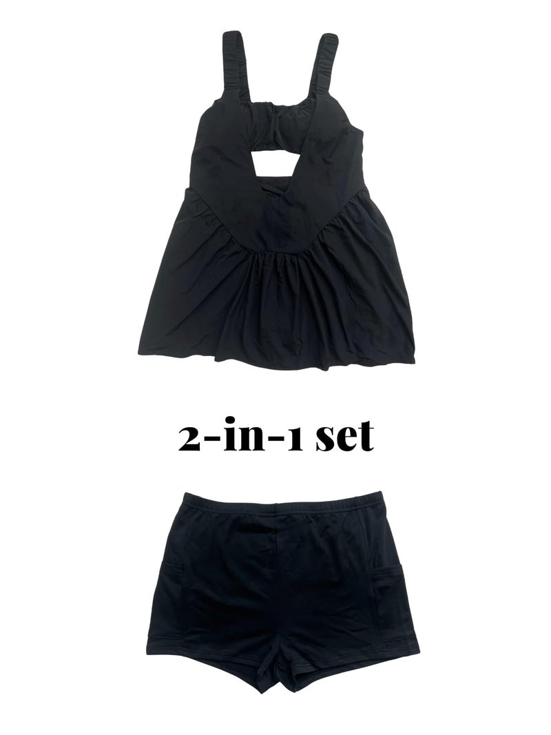 AnotherChill Womens Tennis Dress Built-in Bra & Matching Shorts Pockets Workout Dresses Athletic Outfits Cut Out Two Piece (Black, Small) - Image 5