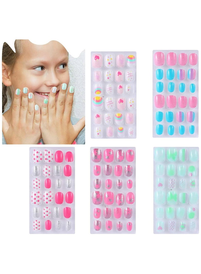 SOLARAE Press on Nails Girls False On Pre-glue Full Cover Children Artificial Fake Nail Tips Pre Glue Short for Kids Teens Art Decoration - Image 1