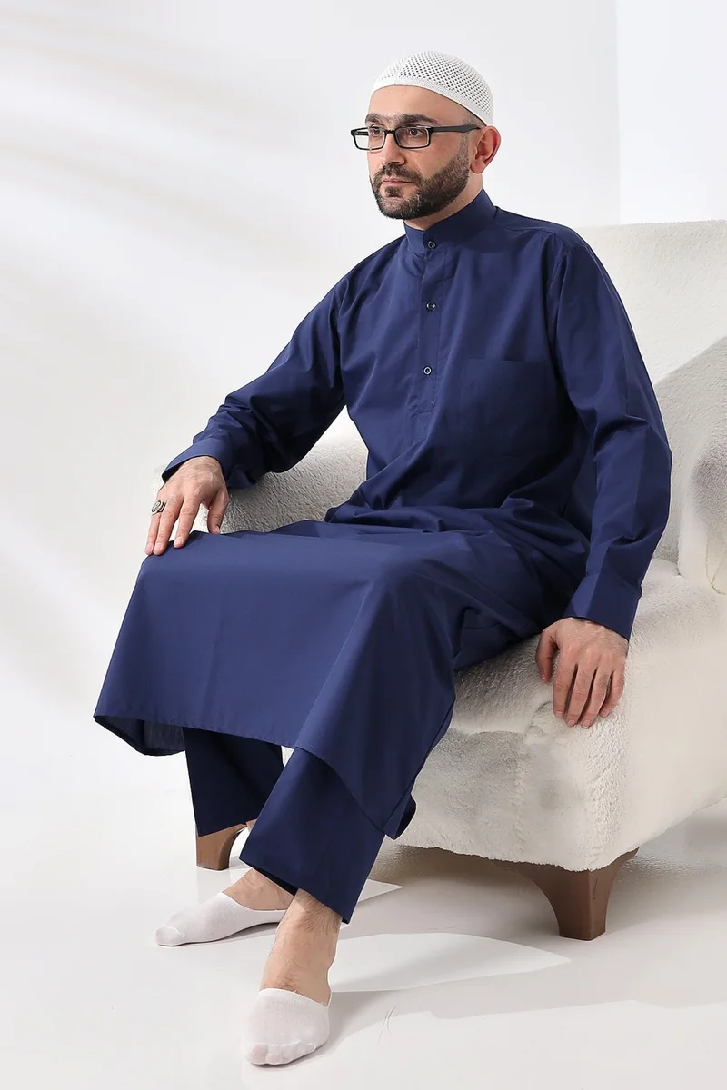 ايهفان Navy Blue Çınar Dagron Fabric Men's Hajj Umrah Clothing Fistan Set