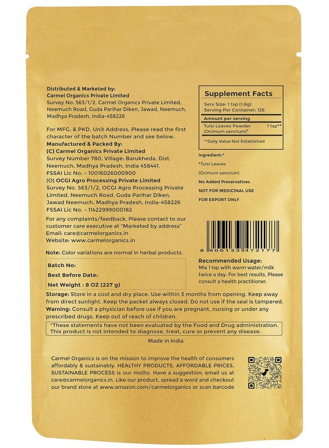 CARMEL ORGANICS Tulsi Leaves Powder 8 Ounce or 1/2 lb (Pack of 1) | Natural Tulsi Powder | Non-GMO | Kosher | Holy Basil | No Added Preservative. | By Carmel Organics  - Image 2