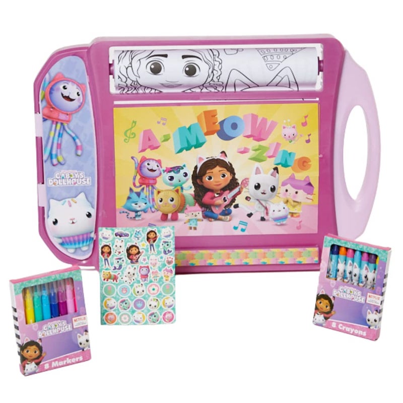 Innovative Designs Gabby’s Dollhouse Roller Art Desk Set for Kids, Travel Coloring Activity for Kids, with Crayons, Markers and Stickers - Image 1