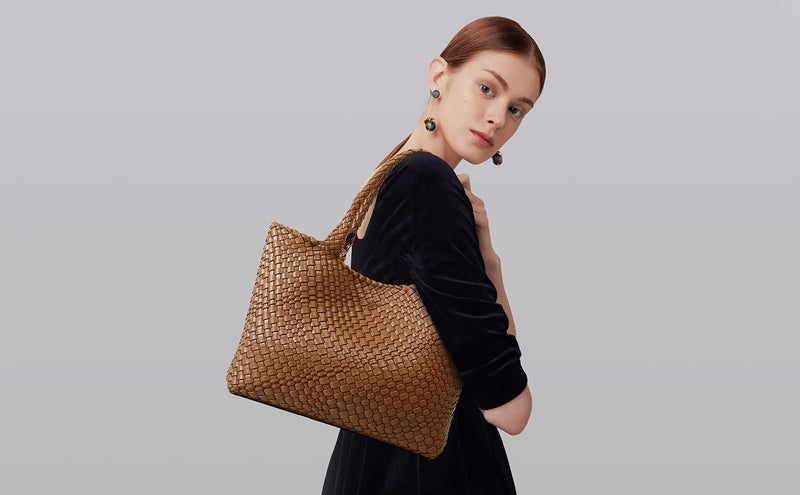 Queenoris Woven Bag for Women, Fashion Top Handle Shoulder Bag Vegan Leather Shopper Bag Large Travel Tote Bag (Brown) - Image 2