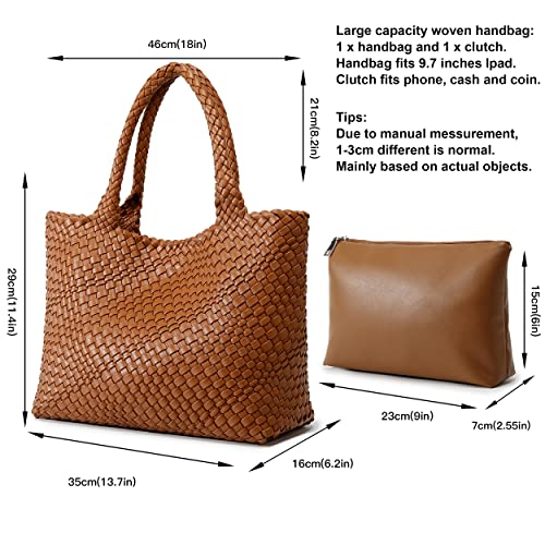 Queenoris Woven Bag for Women, Fashion Top Handle Shoulder Bag Vegan Leather Shopper Bag Large Travel Tote Bag (Brown) - Image 3