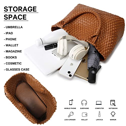 Queenoris Woven Bag for Women, Fashion Top Handle Shoulder Bag Vegan Leather Shopper Bag Large Travel Tote Bag (Brown) - Image 5