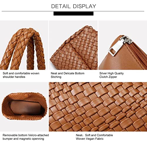 Queenoris Woven Bag for Women, Fashion Top Handle Shoulder Bag Vegan Leather Shopper Bag Large Travel Tote Bag (Brown) - Image 4