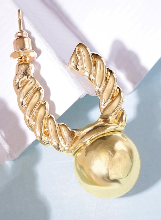 Rubans 18K Gold-Plated Twisted Hoop Earrings with Glossy Gold Ball for Women & Girls - Perfect for Casual & Festive Occasions - Image 3