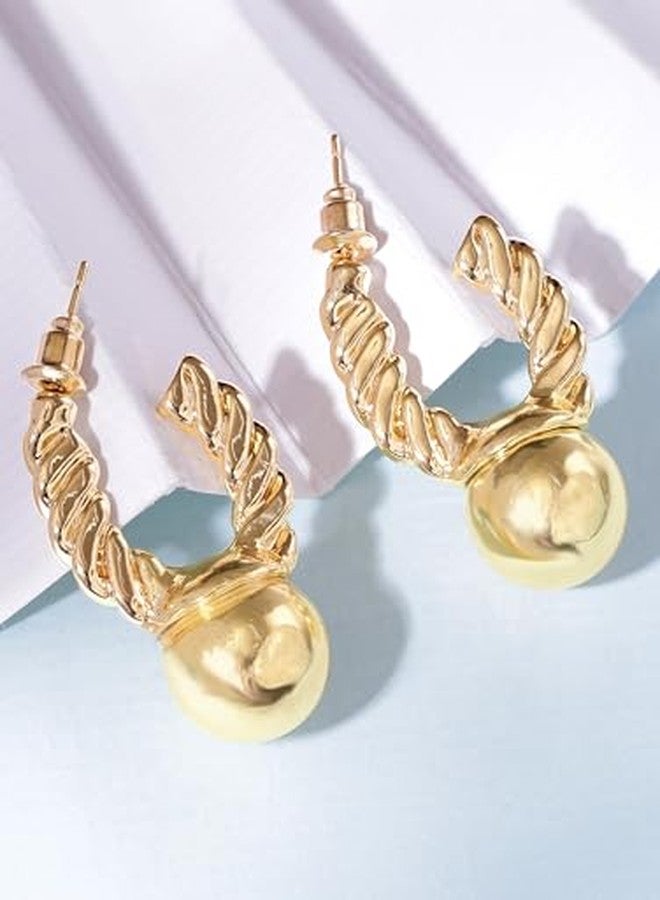 Rubans 18K Gold-Plated Twisted Hoop Earrings with Glossy Gold Ball for Women & Girls - Perfect for Casual & Festive Occasions - Image 4
