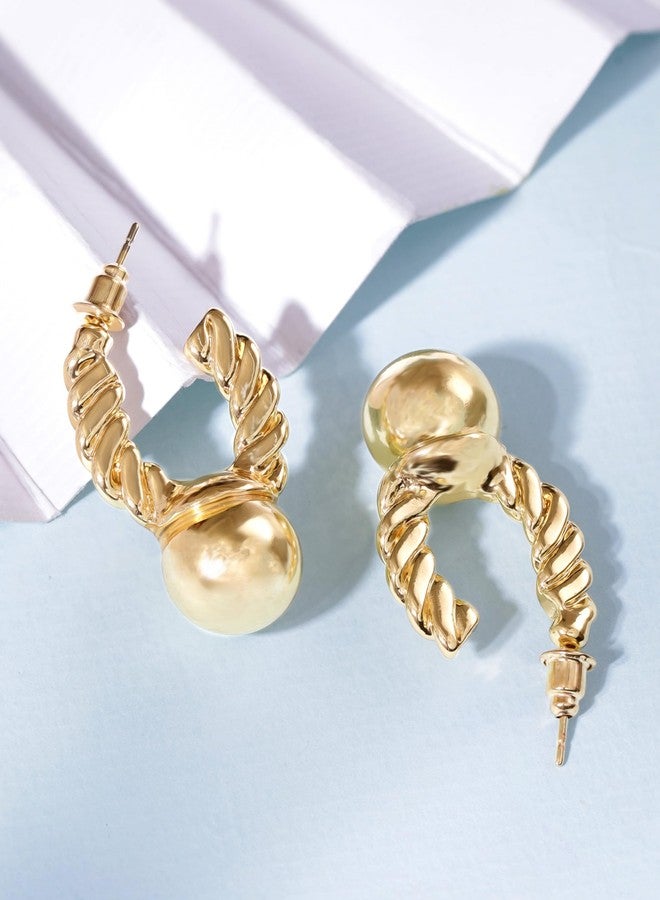 Rubans 18K Gold-Plated Twisted Hoop Earrings with Glossy Gold Ball for Women & Girls - Perfect for Casual & Festive Occasions - Image 5