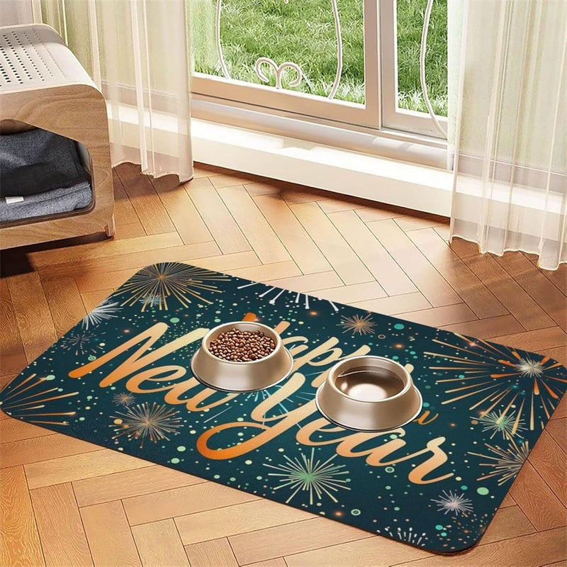 Pet Feeding Mat Bright Festive New Year Celebration Fireworks Absorbent Pet Placemat for Food Water Bowl with Waterproof Rubber Backing 18X12In Quick Dry Water Dispenser Mat for Dog Cat - Image 2