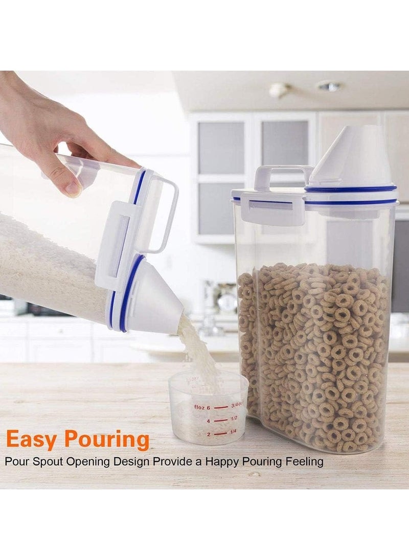 Kimaya 4 PCS Rice Bin 2L Rice Container, 4 Pcs Airtight Cereal Container Rice Barrel Dry Grain Dispenser Thicken Rice Cylinder Clear Food Storage Box with Airtight Design Measuring Cup Pour Spout  - Image 2