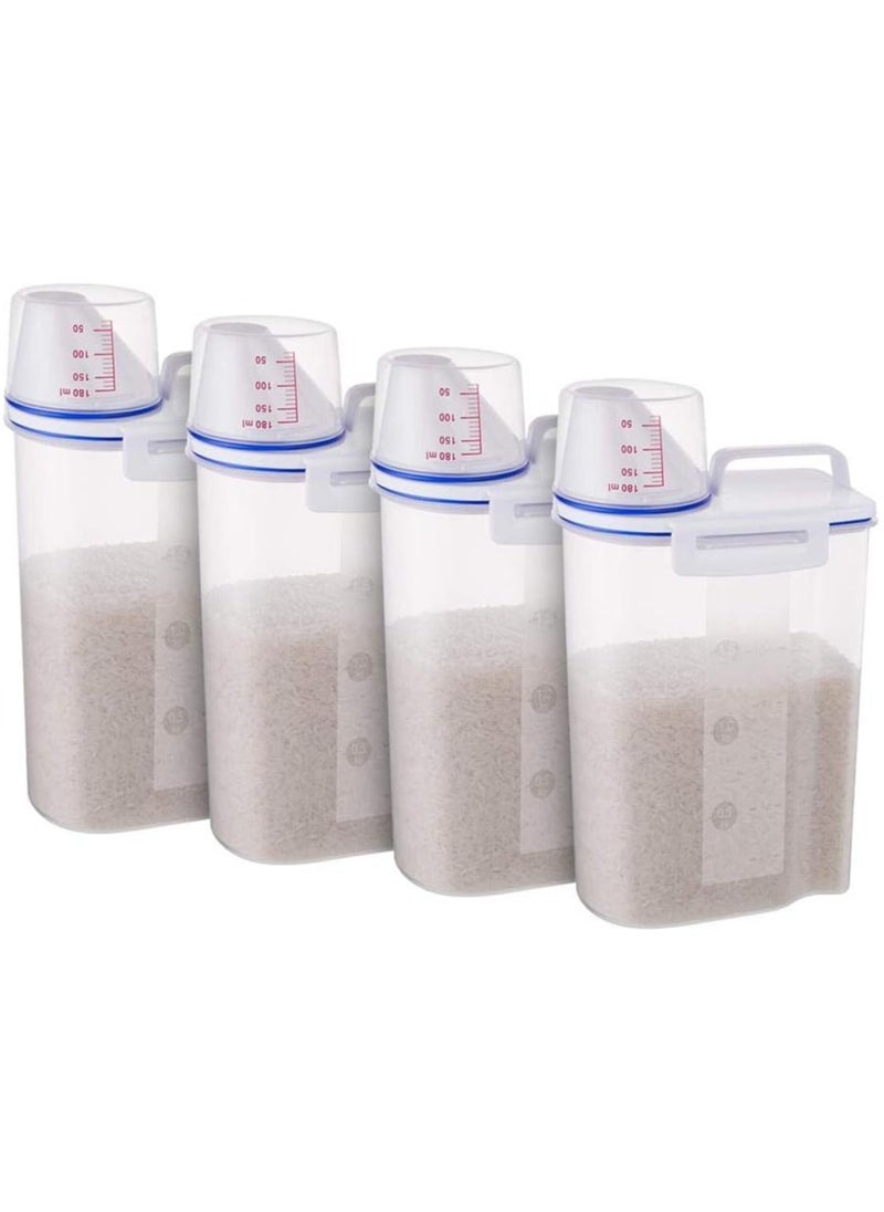 Kimaya 4 PCS Rice Bin 2L Rice Container, 4 Pcs Airtight Cereal Container Rice Barrel Dry Grain Dispenser Thicken Rice Cylinder Clear Food Storage Box with Airtight Design Measuring Cup Pour Spout  - Image 1