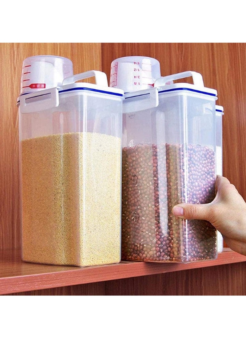 Kimaya 4 PCS Rice Bin 2L Rice Container, 4 Pcs Airtight Cereal Container Rice Barrel Dry Grain Dispenser Thicken Rice Cylinder Clear Food Storage Box with Airtight Design Measuring Cup Pour Spout  - Image 5