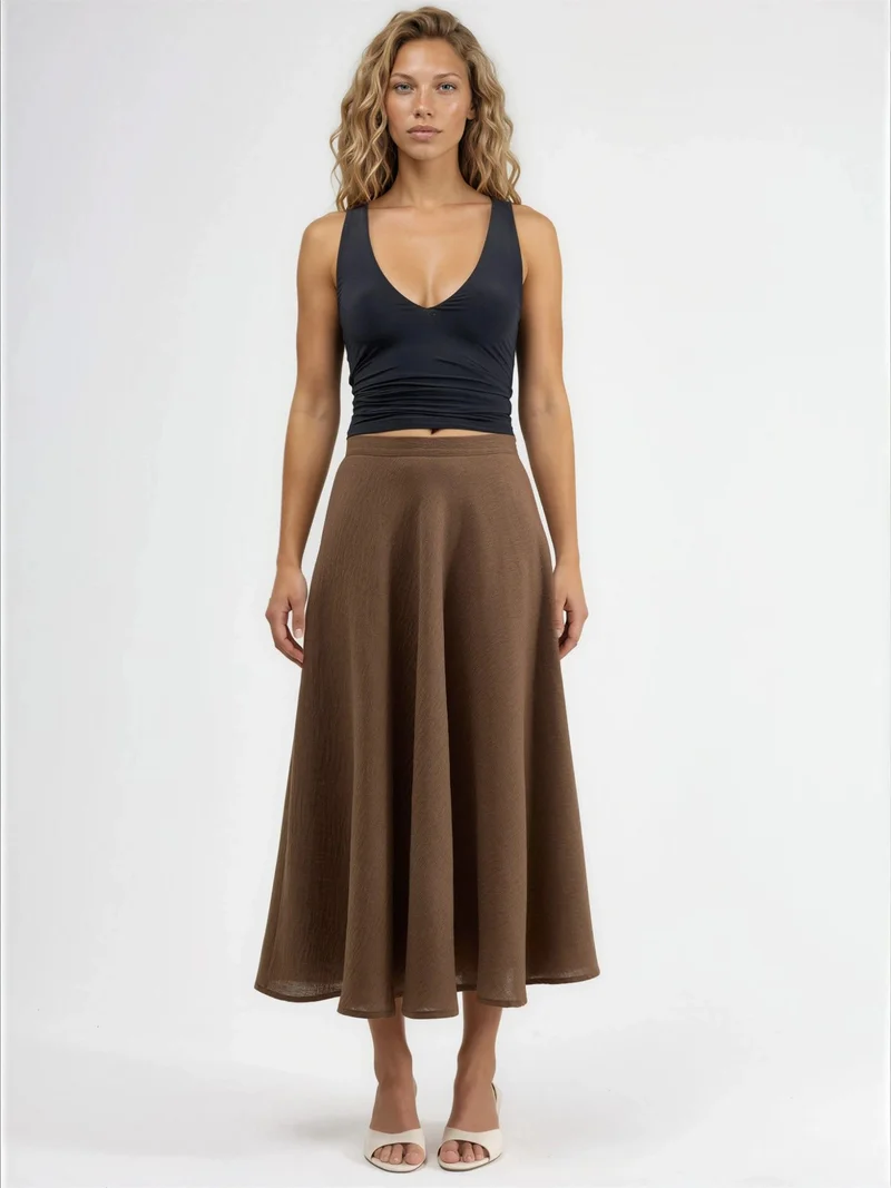 Busem Coffee Brown BUSEM High Waist Textured A-Line Maxi Skirt for Women | Best Price UAE