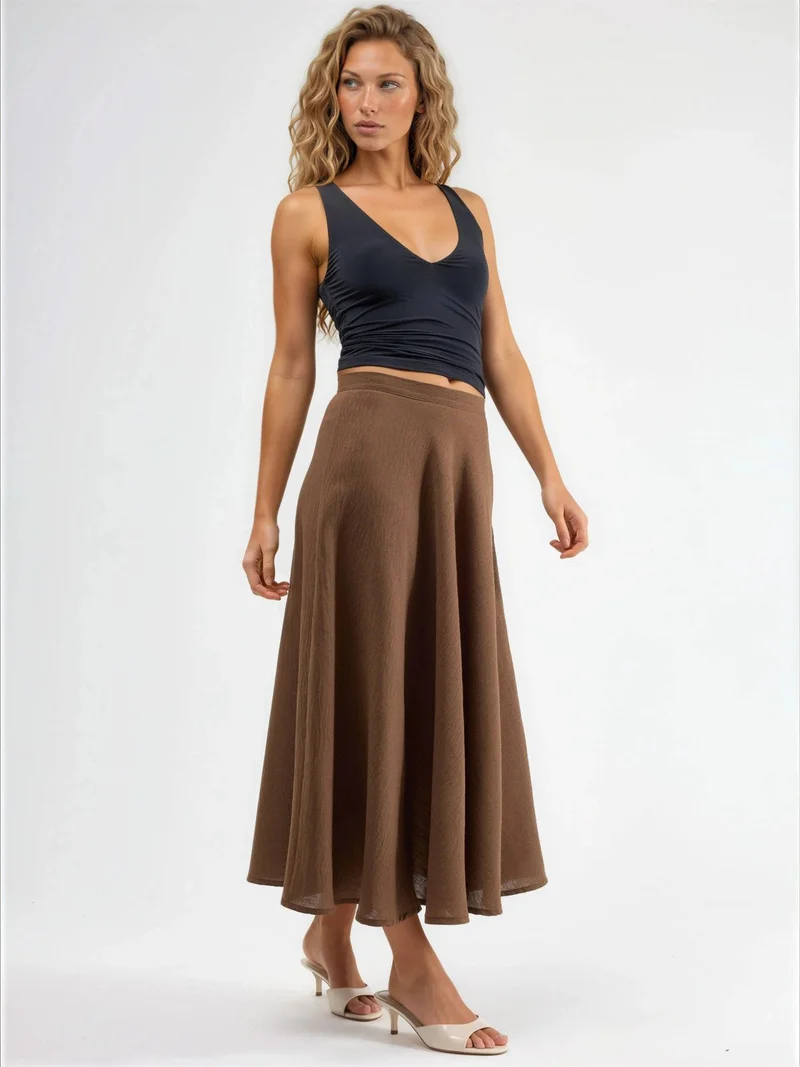 Busem Coffee Brown BUSEM High Waist Textured A-Line Maxi Skirt for Women | Best Price UAE