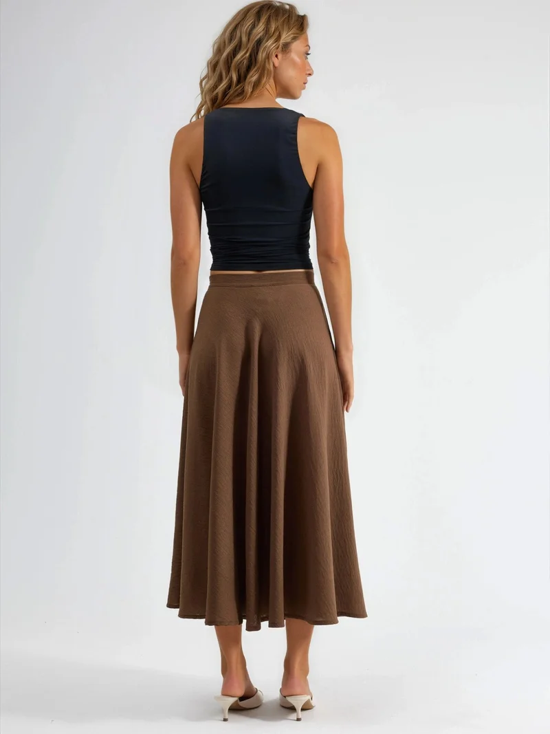 Busem Coffee Brown BUSEM High Waist Textured A-Line Maxi Skirt for Women | Best Price UAE
