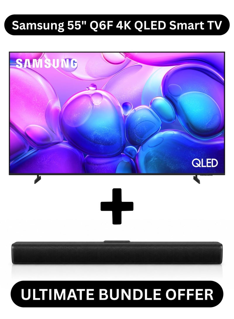 سامسونج Samsung Bundle of 55 Inch Q6F 4K QLED Smart TV With 2.0 Channel Soundbar Bluetooth, HDMI, USB - (2025 Model) 100% Color Volume, HDR10+ | Tizen OS, Knox Security | Metal Stream Design, Wi-Fi, HDMI, USB | 55Q6F+SOUNDBAR Black - Image 1