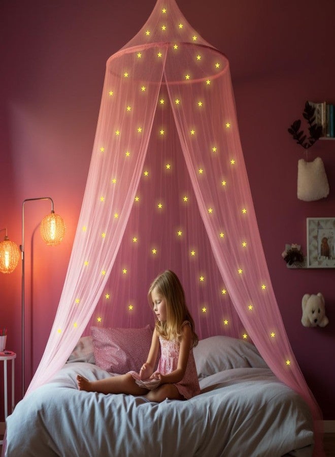 UB-STORE Pink Canopy for Girls Bed with Pre-Glued Glow in The Dark Stars - Princess Mosquito Net Room Decor - Kids & Baby Bedroom Tent with Galaxy Lights - 1 Opening Canopy Bed & Hanging Kit Included - Image 5