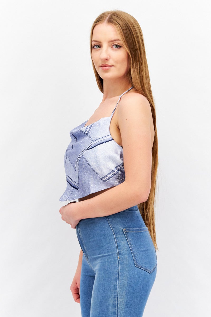 4th & Reckless Women Petite Halter Neck Sleeveless Allover Print Crop Top, Blue - Image 3