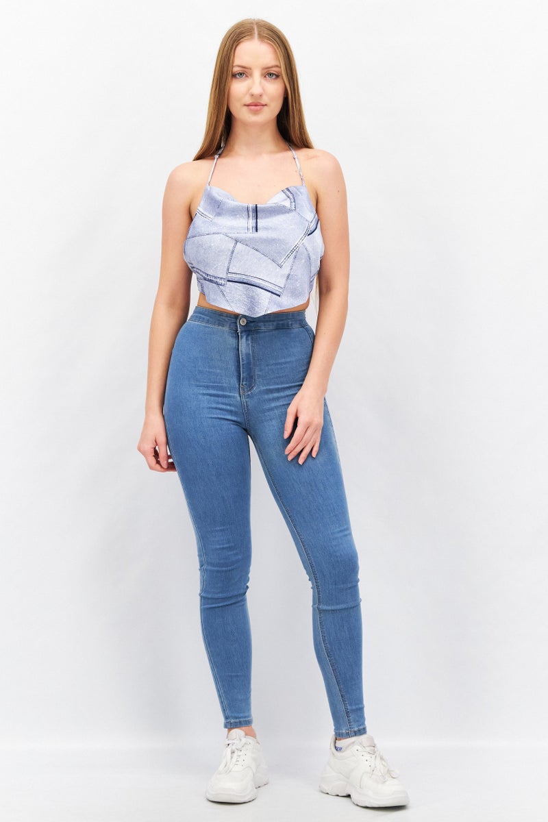 4th & Reckless Women Petite Halter Neck Sleeveless Allover Print Crop Top, Blue - Image 2