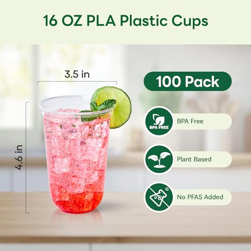 Vplus 16 oz Compostable Clear Plastic Cold Cups, 100 Pack Biodegradable Disposable Cups, BPA & PFAS Free, Plant-Based Plastic Cups for Juice, Wine, Parties, Weddings, and Everyday Use - Image 3