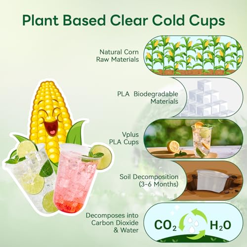 Vplus 16 oz Compostable Clear Plastic Cold Cups, 100 Pack Biodegradable Disposable Cups, BPA & PFAS Free, Plant-Based Plastic Cups for Juice, Wine, Parties, Weddings, and Everyday Use - Image 4