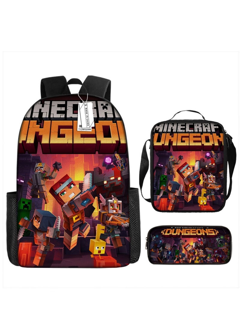 MINECRAFT Digital Printing Large Capacity Backpack Three piece Set Lunch Bag Pen Bag Polyester Comfortable Load Reducing Backpack for Students and Children Unisex - Image 1