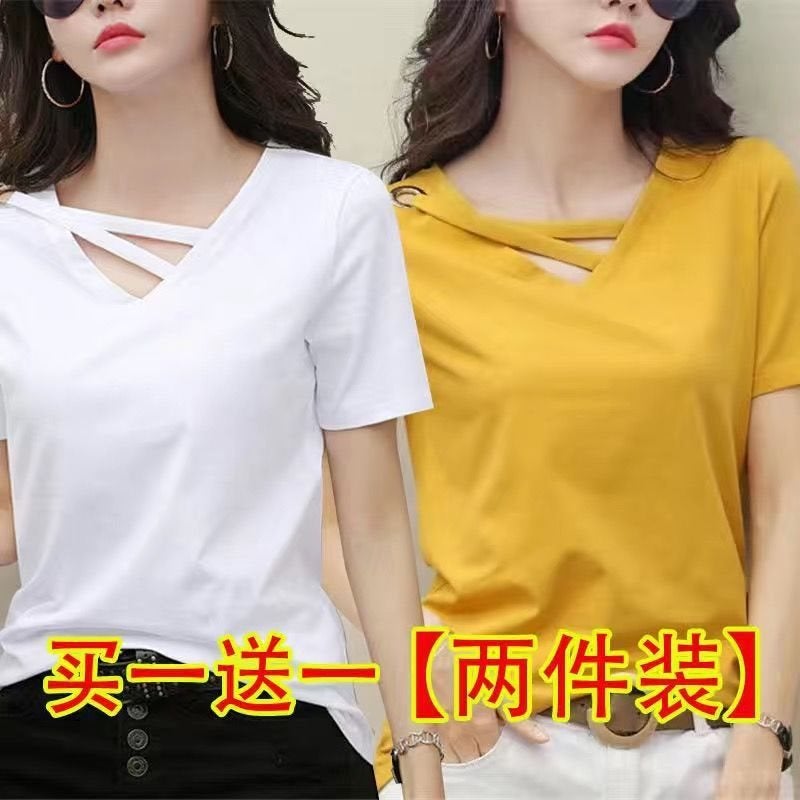 Contains Cotton Single/Two-Piece 2022 New Summer Korean Style V Neck Short-Sleeved T-Shirt for Female Students Loose Large Size Tops White+yellow