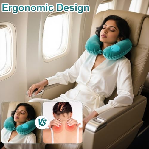CoolShef Inflatable Neck Pillow, U-Shaped Air Pillow with Earplugs, Blindfold & Compact Bag – Soft Travel Pillow for Airplane, Train, Car & Office Nap - Image 3