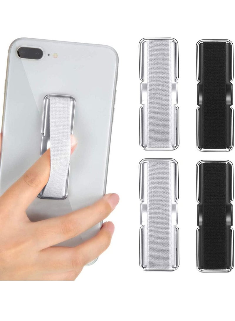 4 Pieces Finger Strap Phone Holder Elastic Cell Grip with Stand for Smartphones, Small Tablets (Black, Silver) - Image 1