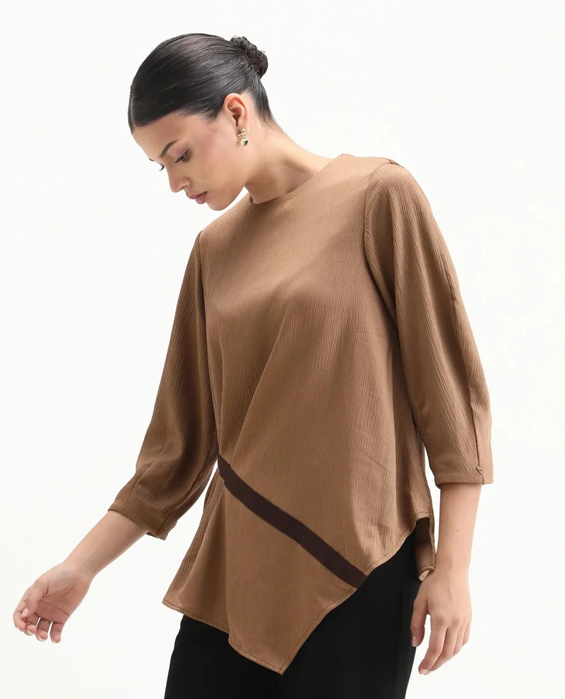 Rareism Women's Solid Top With Pleated Detail