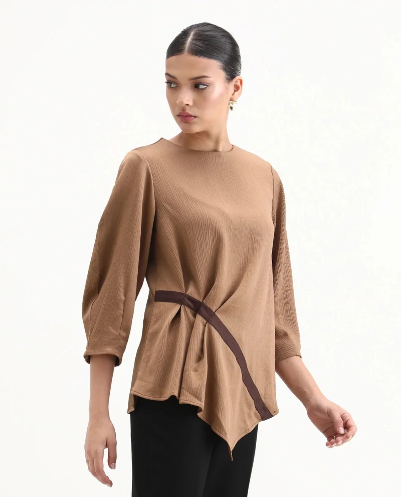 Rareism Women's Solid Top With Pleated Detail