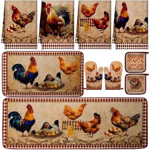 Fourluoo 10 Pcs Rooster Chicken Kitchen Dish Towels Rugs Oven Mitts and Pot Holders Sets Farmhouse Rustic Rooster Kitchen Decor Set for Cooking Baking Grilling Women Mom GiftBrown - Image 1