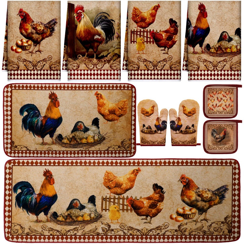 Fourluoo 10 Pcs Rooster Chicken Kitchen Dish Towels Rugs Oven Mitts and Pot Holders Sets Farmhouse Rustic Rooster Kitchen Decor Set for Cooking Baking Grilling Women Mom GiftBrown - Image 2