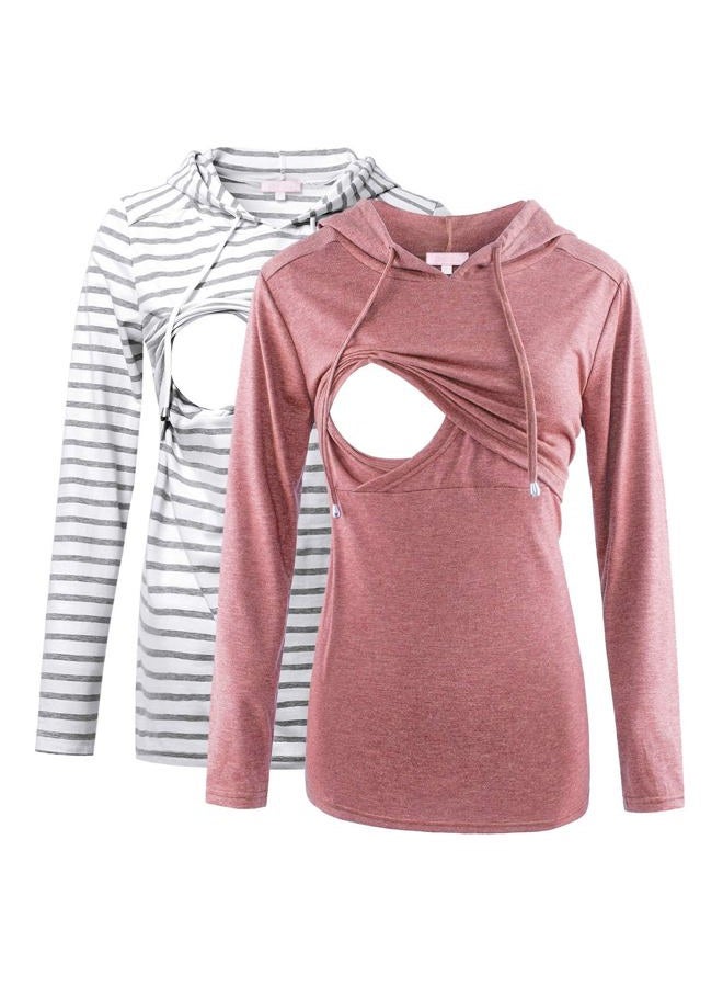 Bhome Nursing Hoodie Long Sleeves Shirt Casual Breastfeeding Top Sweatshirt, Grey Stripe/Rose Red, M - Image 1