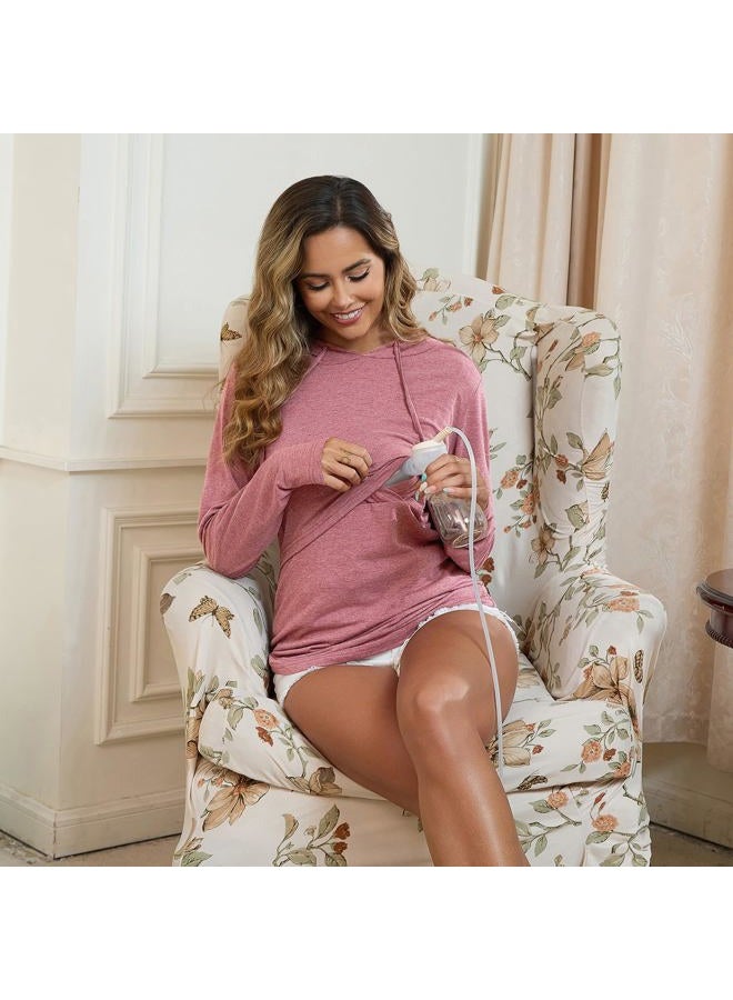 Bhome Nursing Hoodie Long Sleeves Shirt Casual Breastfeeding Top Sweatshirt, Grey Stripe/Rose Red, M - Image 2