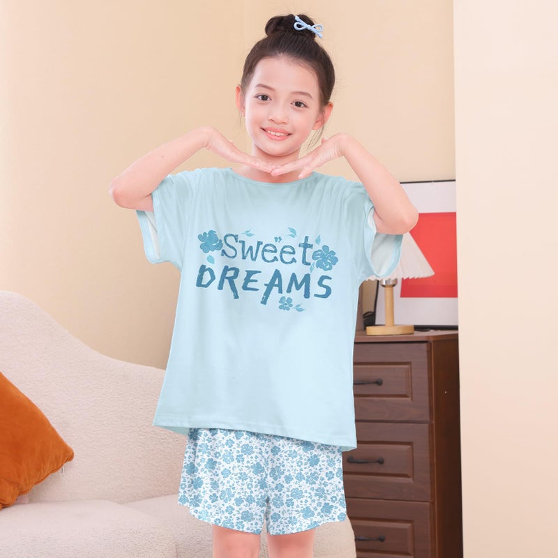 Play Tailor Girls Pajamas for Kids Summer Pjs for Girl Pajama Sets 2Pcs Short Sleeve Top Sleepwear for Teen 8-15, Blue(Shirt & Short Set), 10-11Y - Image 2