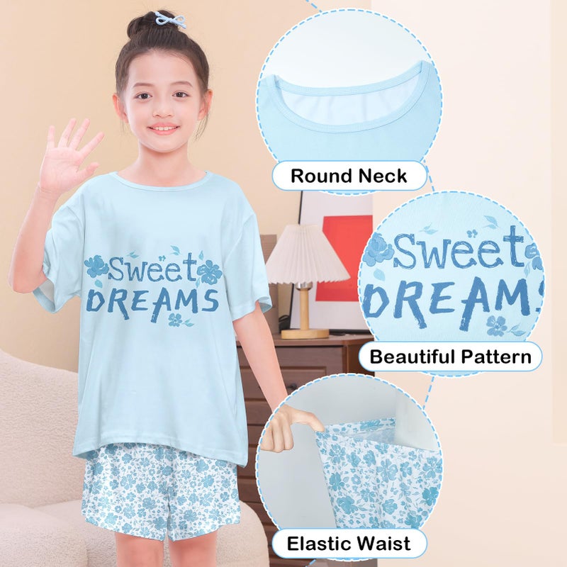 Play Tailor Girls Pajamas for Kids Summer Pjs for Girl Pajama Sets 2Pcs Short Sleeve Top Sleepwear for Teen 8-15, Blue(Shirt & Short Set), 10-11Y - Image 4