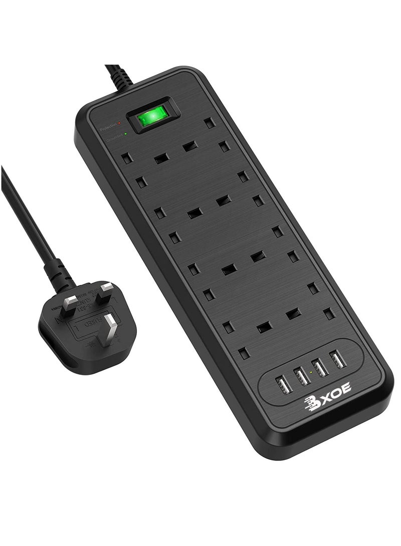 BXOE Surge Protected Extension cord Lead with USB Slots, 8 Way Plug Extension with 4 USB, Black Multi Plug Power Strip 3M Extension Cable, 1050J, 3250W/13A Power Socket Extension Cord for Home Office - Image 1