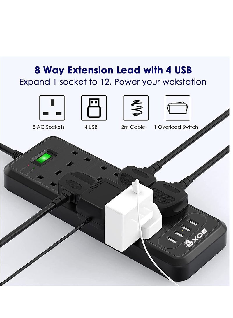 BXOE Surge Protected Extension cord Lead with USB Slots, 8 Way Plug Extension with 4 USB, Black Multi Plug Power Strip 3M Extension Cable, 1050J, 3250W/13A Power Socket Extension Cord for Home Office - Image 2