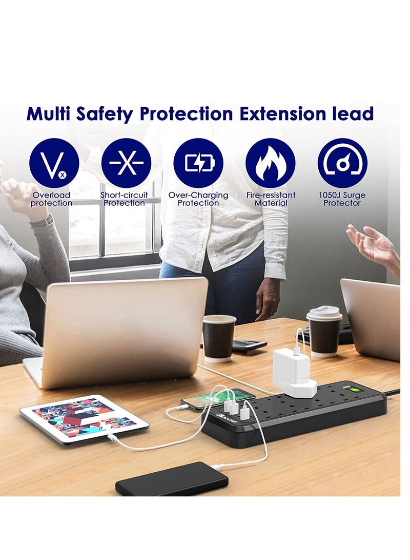 BXOE Surge Protected Extension cord Lead with USB Slots, 8 Way Plug Extension with 4 USB, Black Multi Plug Power Strip 3M Extension Cable, 1050J, 3250W/13A Power Socket Extension Cord for Home Office - Image 3